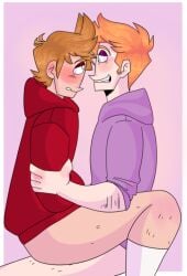 2boys anal_sex ass blush brown_hair eddsworld gay gay_sex ginger ginger_hair hoodie light-skinned_male matt_(eddsworld) orange_hair pink_background purple_hoodie red_hoodie sex tord_(eddsworld)