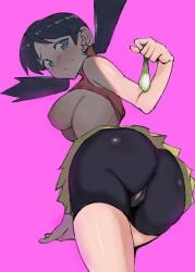 1girls arm_support ass big_ass big_breasts bike_shorts blue_hair blush breasts breasts_out bubble_butt busty cameltoe cleft_of_venus condom dat_ass female female_only game_freak highres huge_ass kris_(pokemon) large_breasts legs looking_at_viewer looking_back low_twintails nintendo nipples petapeta1919194 pokemon pokemon_(game) pokemon_gsc sideboob skirt thick_thighs thighs twintails voluptuous