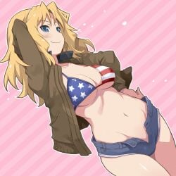 1girls american_flag american_flag_bikini arm_behind_head arm_up armpits big_breasts bikini bikini_top_only blonde_hair blue_eyes bomber_jacket breasts busty cleavage confident denim denim_shorts dutch_angle female female_only flag_print girls_und_panzer groin hand_on_hip jacket kay_(girls_und_panzer) large_breasts long_hair looking_at_viewer maruto! midriff model_pose navel no_panties open_clothes open_jacket sensual short_shorts shorts smile solo swimsuit thick_thighs thighs unbuttoned unzipped voluptuous