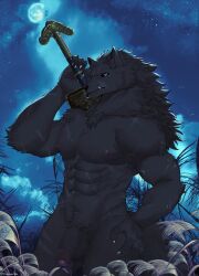 absurd_res anthro black_sclera blaidd_(elden_ring) canid canine canis claws drakonika123 elden_ring fangs flaccid foreskin fromsoftware furry gay genitals hand_on_hip hi_res male mammal melee_weapon muscular muscular_male penis solo sword video_games weapon wolf