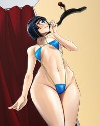 1girls bikini black_hair blue_bikini blue_eyes blush cameltoe cute cycles dressing_room female hair manako micro_bikini monoeye monster_girl monster_musume_no_iru_nichijou one_eye petite revealing_swimsuit small_breasts swimsuit thick_thighs thighs wide_hips