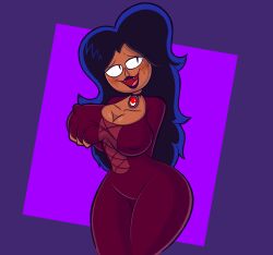 big_breasts big_nipples blush blush breast_grab breast_squeeze cleavage clothed dark_skin fangs female lipstick mad_critter ok_k.o.!_let's_be_heroes open_mouth self_fondle sharp_teeth solo sweat thick_thighs vampire wilhamena