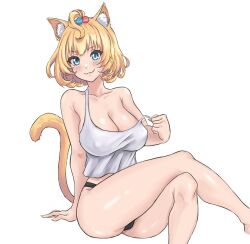 1girls :3 ahoge alternate_breast_size animal_ears bare_shoulders black_panties blonde_hair blue_eyes blush breasts cameltoe cat_ears cat_tail catgirl cleavage clothed clothing crossed_legs drumoriz erect_nipples exposed_shoulders eyebrows_visible_through_hair female female_focus female_only fluffy_ears hair_accessory hair_ornament kemonomimi large_breasts legs legs_crossed light-skinned_female light_skin looking_at_viewer medium_hair millie_parfait nijisanji nijisanji_en nipples_visible_through_clothing no_bra panties raised_tail shirt_and_panties short_hair simple_background sitting smile smiling solo solo_female solo_focus tail tank_top thick_thighs thighs underwear undressing virtual_youtuber white_background yellow_hair