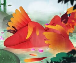 anthro avian bamboo bird bird_feet blue_eyes clash_(series) clash_royale covering covering_breasts creek european_mythology feathered_wings feathers female fog genitals greek_mythology heart lying mythological_avian mythological_firebird mythology nude on_side outside partially_submerged phoenix phoenix_(clash_royale) pussy quangdoann red_body red_feathers shallow_water solo tail_feathers water winged_arms wings