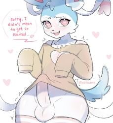 akibun anthro anthrofied blush bottomless clothed clothing dialogue eeveelution english_text femboy fur furry furry_only generation_6_pokemon genitals girly legwear male male_only nintendo penis pokémon_(species) pokemon pokemon_(species) poking_out sleeves_past_wrists solo sweater sylveon tail text thigh_highs topwear video_games