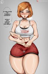 1girls almualim booty_shorts breasts brown_eyes brown_hair bursting_breasts commission commission_art dialogue english_text female hips hoop_earrings jujutsu_kaisen kugisaki_nobara large_breasts light-skinned_female light_skin outback_steakhouse short_hair short_shorts shorts slim_waist tank_top text thick_thighs thigh_gap thighs tight_clothing tomboy tomboy_outback waitress wide_hips