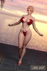 1girls 2022 3d athletic_female beach bikini blonde_hair blue_eyes cleavage daz_studio dead_or_alive female female_only fit_female huge_breasts looking_at_viewer loveluv69 sandals seaside short_hair solo swimsuit tina_armstrong voluptuous