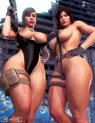 2022 2girls 3d ass belt big_ass big_breasts bikini breast breasts_out call_of_duty call_of_duty_modern_warfare_2_(2022) crossover daz_studio exposed_breasts female female_only gun lara_croft lara_croft_(survivor) mara_(cod) milapone one-piece_swimsuit outside rifle sling_bikini swimsuit thick_thighs tomb_raider tomb_raider_(survivor)