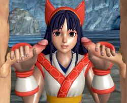 1girls 2boys 3d ainu_clothes blue_hair breasts female fingerless_gloves gloves grey_eyes hair_ribbon handjob highres huge_cock long_hair looking_at_viewer lying male multiple_boys nakoruru open_mouth penis penis_grab ponhiki ribbon samurai_shodown small_breasts smile snk