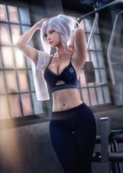 1girls 3d areola_slip arms_up artist_name bare_arms bare_midriff blue_eyes bra cleavage female female_only gym jett_(valorant) navel shaved_armpit solo standing sweating teeth therealzoh thigh_gap towel valorant white_hair workout_clothes