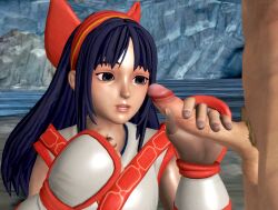 1boy 1girls 3d ainu_clothes blue_hair breasts female fingerless_gloves gloves grey_eyes hair_ribbon handjob highres huge_cock long_hair looking_at_viewer looking_pleasured male nakoruru open_mouth penis penis_grab ponhiki ribbon samurai_shodown small_breasts smile snk