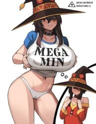 1girls aged_up alternate_body_type alternate_breast_size breasts brown_hair daydreaming donburikazoku eyepatch female hat hi_res hips huge_breasts kono_subarashii_sekai_ni_shukufuku_wo! large_breasts long_hair mega_milk megumin red_eyes shirt slim_waist text_on_shirt thick_thighs thighs tight_clothing wide_hips witch_hat