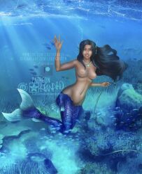 1girls blue_tail bra breasts breasts_out female female_only jpeg ladykraken mermaid mermaid_tail mi'ara mi’ara nipples original solo topless underwater watermark waving