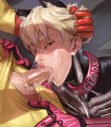 2boys aivelin blowjob collar cum cyborg dog_ears gay genos grabbing_hair human one-punch_man oral oral_sex puppyplay saitama skylar_white_face yaoi