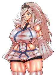 1girls big_breasts blush breasts breasts_bigger_than_head cameltoe eri_(pokemon) female female_only game_freak grave919 grey_hair huge_breasts large_breasts long_hair muscles muscular muscular_arms muscular_female muscular_legs muscular_thighs necktie nintendo nipple_bulge nipples_visible_through_clothing pokemon pokemon_sv solo team_star thick_thighs thighs thighs_bigger_than_head tie white_background white_eyes