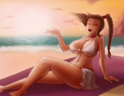 1girls asian_female avatar_the_last_airbender beach bikini braided_hair braided_ponytail breasts brown_hair cleavage closed_eyes cute female female_focus female_only fire_nation flowing_hair hair_ornament happy large_breasts light-skinned_female light_skin necklace nickelodeon ocean on_ground open_mouth pinup ponytail red_panties relaxing saf-404 saf_404 safartwoks safartworks sitting solo solo_female solo_focus sparkles summer sunset swimsuit ty_lee