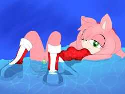 amy_rose anthro artist_request cameltoe fully_clothed hands_behind_head head_on_hands looking_at_viewer one_eye_closed panties pantyshot pantyshot_(lying) solo sonic_(series) spread_legs water