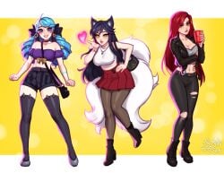 3girls abstract_background ahri annoyed arm_under_breasts artist_name artist_signature black_hair blowing_kiss blue_eyes blue_hair blushypixy blushyspicy boots clothed clothing drill_hair eyebrows eyelashes female female_focus female_only floating fox_ears fox_girl group gwen_(league_of_legends) hair human jacket katarina_du_couteau league_of_legends leaning_back leaning_forward legwear light-skinned_female light_skin lipstick long_hair looking_at_viewer mammal multicolored_eyes open_mouth posing red_hair red_solo_cup riot_games scar short_hair simple_background skirt smile solo_cup standing stockings strapless strapless_bra strapless_shirt strapless_top strapless_topwear streetwear suggestive_clothes swimsuit swimwear tail vastaya