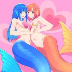 2girls ass blue_eyes blue_tail female female_only fish_girl fish_tail kiria_ai long_hair mermaid mermaid_ass mermaid_girl mermaid_only mermaid_position mermaid_tail mermaid_transformation monster_girl multiple_girls orange_hair orange_tail png scale scales seashell_bra seductive seductive_eyes seductive_look seductive_mouth starfish_bra yuri