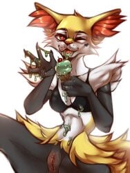 3:4 anthro black_body black_fur bottomless braixen breasts clitoris clothed clothing dessert female food fur generation_6_pokemon genitals heart_(marking) hi_res ice_cream inner_ear_fluff lgag006k043_(artist) melting_ice_cream multicolored_body nintendo one_eye_closed pokémon_(species) pokemon pokemon_(species) pussy simple_background solo tuft video_games white_background yellow_body yellow_fur