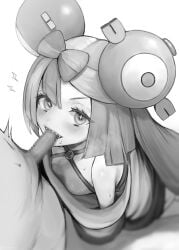 1boy 1girls absurdres bangs biting blush bow-shaped_hair breasts censored character_hair_ornament clothed_female_nude_male eyelashes fellatio female greyscale hair_ornament highres iono_(pokemon) long_hair looking_at_viewer male medium_breasts monochrome nude oral oversized_clothes penis penis_biting pokemon pokemon_(game) pokemon_sv putama sharp_teeth simple_background small_penis straight sweat teeth very_long_hair