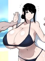 against_wall beach bikini black_hair blue_sky breasts day female fujou_joshi gigantic_breasts hair_bun highres holding_another's_wrist imminent_rape imminent_sex midriff original short_hair sidelocks sky solo_focus sweat sweatdrop swimsuit uncomfortable water worried