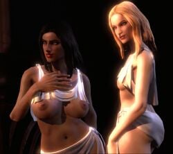 2girls 3d aphrodite's_handmaiden areolae ass black_hair blonde_hair dark-skinned_female dark_background dark_skin female female_only functionally_nude functionally_nude_female god_of_war god_of_war_3 handmaiden height_difference large_breasts long_hair navel official_art pale-skinned_female pale_skin screencap shoulders small_breasts topless topless_female video_game