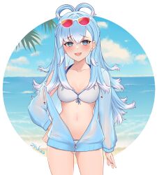 1girls artist_name artist_signature beach bikini blue_eyes blue_hair female female_focus female_only hololive hololive_indonesia hololive_indonesia_holoh3ro kobo_kanaeru long_hair medium_breasts sunglasses_on_head thighs unzipped_jacket virtual_youtuber zinkaart