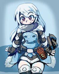 belt exposed_legs eyebrows_visible_through_hair fingerless_gloves first_sfw_of_character fur_coat fur_scarf gloves happy happy_girl hi_res high_quality jane_(juztplay) juztplay long_hair long_white_hair looking_at_viewer monster_hunter monster_hunter_(series) oc original_character red_eyes safe_for_work sfw smile white_background white_hair