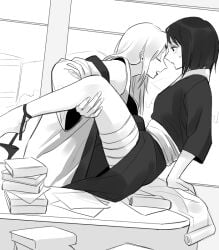 2girls 437 bandages book desk female_only high_heels implied_sex japanese_clothes leg_lift monochrome multiple_girls naruto naruto_(series) naruto_shippuden off_shoulder scroll shizune shoes shoes_removed side_slit sweatdrop tsunade window yuri