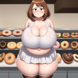 1girls ai_generated angry annoyed big_belly blush brown_eyes brown_hair curvy donut fat huge_breasts jessicabreas my_hero_academia nai_diffusion ochako_uraraka overweight overweight_female plump solo stable_diffusion weight_gain