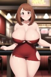 ai_generated brown_eyes brown_hair cleavage female funemily1 large_breasts my_hero_academia nai_diffusion ochako_uraraka red_dress smile stable_diffusion thick_thighs torn_clothes wide_hips