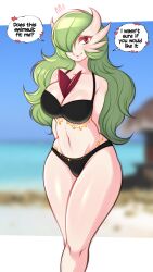 1girls alternate_hairstyle anthro beach bikini breasts female female_only female_pokemon gardevoir green_eyes green_hair hi_res hips huge_breasts large_breasts long_hair mega_gardevoir nintendo outdoors pokemon pokemon_(species) red_eyes saltyxodium thick_thighs thighs white_body wide_hips