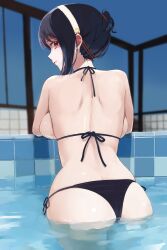 1girls arm_rest ass assassin backboob big_ass big_breasts bikini black_bikini black_hair breast_rest breasts bubble_butt busty closed_mouth commentary_request dat_ass from_behind hairband halterneck highres kntrs_(knyrs) large_breasts looking_at_viewer looking_back pool red_eyes sensual side-tie_bikini_bottom sidelocks smile solo spy_x_family swimsuit thong_bikini thorn_princess voluptuous white_hairband yor_briar yor_forger