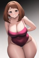 ai_generated brown_eyes brown_hair cleavage female funemily1 my_hero_academia nai_diffusion ochako_uraraka one_piece_swimsuit smile stable_diffusion thick_thighs wide_hips