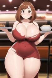 ai_generated brown_eyes brown_hair cleavage fat female food funemily1 large_breasts my_hero_academia nai_diffusion ochako_uraraka overweight red_dress smile stable_diffusion thick_thighs torn_clothes wide_hips