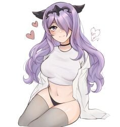 1girls bangs black_panties blush camilla_(fire_emblem) crop_top crown female female_only fire_emblem fire_emblem_fates hair_over_one_eye highres long_hair looking_at_viewer navel nintendo panties purple_eyes purple_hair purrlucii sitting sleeves_past_wrists smile solo thighhighs thighs underwear watermark white_background