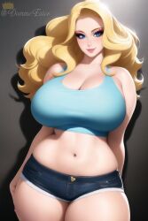 1girls ai_generated artist_self-insert belly big_breasts big_thighs blonde_hair blue_eyes breasts busty cleavage clothed clothed_female clothes clothing curvaceous curvy curvy_body curvy_female curvy_figure eyeliner eyeshadow female female_focus female_only hips huge_breasts large_breasts large_thighs light-skinned_female light_skin long_hair looking_at_viewer makeup midriff nai_diffusion navel queen_dee queen_dee_(character) smile smiling smiling_at_viewer solo solo_female solo_focus stable_diffusion stomach thick thick_thighs thighs voluptuous watermark wide_hips