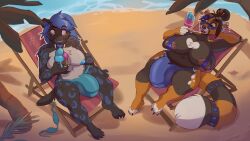 absurd_res ailurid anthro beach big_breasts big_bulge big_penis bikini blue_eyes blue_hair breasts bulge clothing duo eyewear felid genitals glasses gynomorph hair hi_res huge_breasts huge_bulge huge_cock hyper hyper_bulge hyper_genitalia hyper_penis intersex machairodontine mammal nipple_slip penis red_panda seaside shinamin_ironclaw slightly_chubby swimwear vurrus wardrobe_malfunction yoranda_harrows