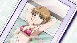 1girls accurate_art_style alternate_hairstyle armpits arms_behind_head b-gata_h-kei bikini blonde_hair breasts cleavage confident female female_only green_eyes hi_res looking_at_viewer medium_breasts mirror ponytail pose posing reflection screencap sensual sexy_armpits smile solo swimsuit yamada_(b-gata_h-kei)