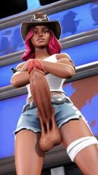 1futa 3d artist_request calamity_(fortnite) clothed clothing dark_skin dentol fortnite futa_only futanari looking_at_viewer looking_down mostly_clothed penis_out penis_through_fly solo solo_futa source_request taker_pov