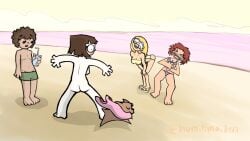 1animal 1boy 3girls accidental_exposure ass beach blonde_hair breasts brown_hair butt dog embarrassed embarrassed_nude_female enf forced_exposure full_body humilimaiden laughing nude outdoor_nudity outdoors sideboob stolen_bikini stolen_clothes stolen_swimsuit swimwear white_skin