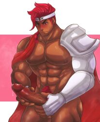 1boy balls bara brown_skin coat male_only masturbation precum red_hair wildberry_cookie