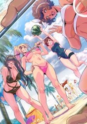 beach big_breasts bikini black_hair breasts brown_hair curly_hair dark-skinned_female dark_skin female female_focus glasses hi_res hibiki_(wifi_wars) kei_(wifi_wars) light-skinned_female light_skin long_hair michelle_(wifi_wars) multiple_girls nipple_bulge one-piece_swimsuit palm_tree phone pink_bikini ponytail sadako_(wifi_wars) selfie short_hair smile toned toned_female underboob watermark wifi_wars wooden_sword xong