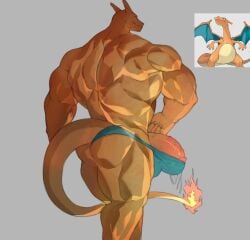 anthro ass balls bara barazoku big_balls big_penis bulge charizard flaccid male male_only muscles muscular nintendo penis pokemon pokemon_(species) precum precum_through_clothing reed_sp_626 reference_image solo solo_male