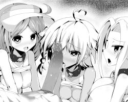 1boy 3girls big_breasts breasts heart-shaped_pupils large_breasts licking_penis medium_breasts nipples open_mouth puyo_puyo puyo_puyo_quest saliva