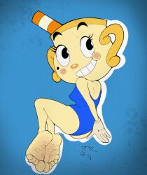 1girls 2022 2d 2d_(artwork) 4_toes ass barefoot big_feet clothed clothed_female cup cuphead:_the_delicious_last_course cuphead_(game) dummycervine feet feet_together feet_up female female_focus female_only foot_fetish foot_focus light-skinned_female light_skin looking_at_viewer mole mole_under_eye ms._chalice nipple_bulge pac-man_eyes small_breasts soles swimsuit tan_body tan_skin tanned tanned_female tanned_skin teeth toe_curl toe_scrunch toes wrinkled_feet wrinkled_soles wrinkles