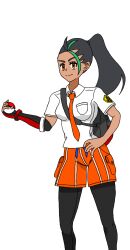 1girls dark_skin female female_only hand_on_hips holding_object legs looking_at_viewer necktie nemona_(pokemon) nintendo pokeball pokemon pokemon_sv solo thick_thighs tie