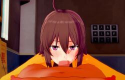 <1_second_video 1boy 1girls 3d animated brown_hair clothed_female_nude_male fellatio koikatsu linne looking_at_viewer male_pov no_sound oral pepper_box pov under_night_in-birth video