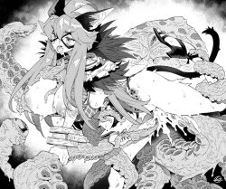 1girls ahoge alternate_breast_size animal_ears bajou_takurou bangle bangs blush bracelet breasts cat_ears cat_girl cat_tail commentary_request commission detached_sleeves eye_mask feet_out_of_frame female fur_collar goinkyo greyscale hair_between_eyes huge_breasts jewelry long_hair monochrome monster nipples oerba_yun_fang open_mouth ragnarok_online sidelocks skeb_commission skin_fang sorcerer_(ragnarok_online) tail tentacle tentacle_sex very_long_hair